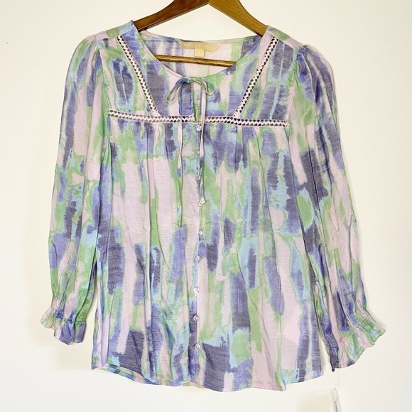 NWT Hope and Harlow Blue and Green Button Down Blouse Size Small - Picture 1 of 5